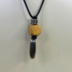 Necklace Silver Tone Wood Neutral Color Black Cord Vegan Unisex Gift Jewelry